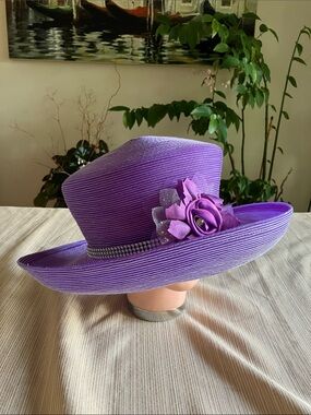 Elegant Purple Hat with Floral and Rhinestone Band
